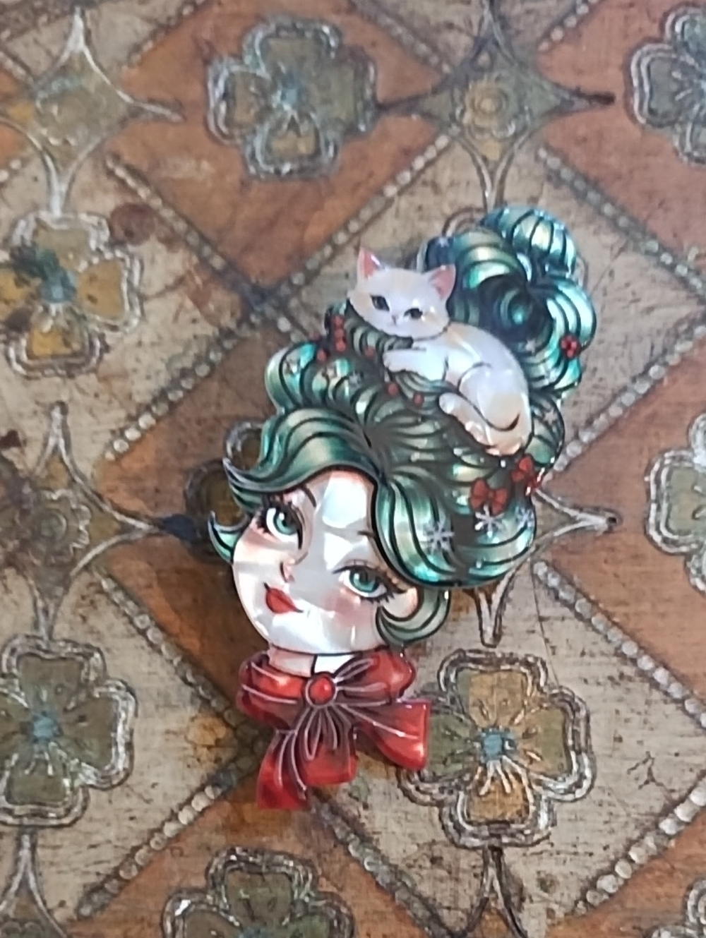 White Cat & Green-Haired Girl Enamel Pin - Green, White